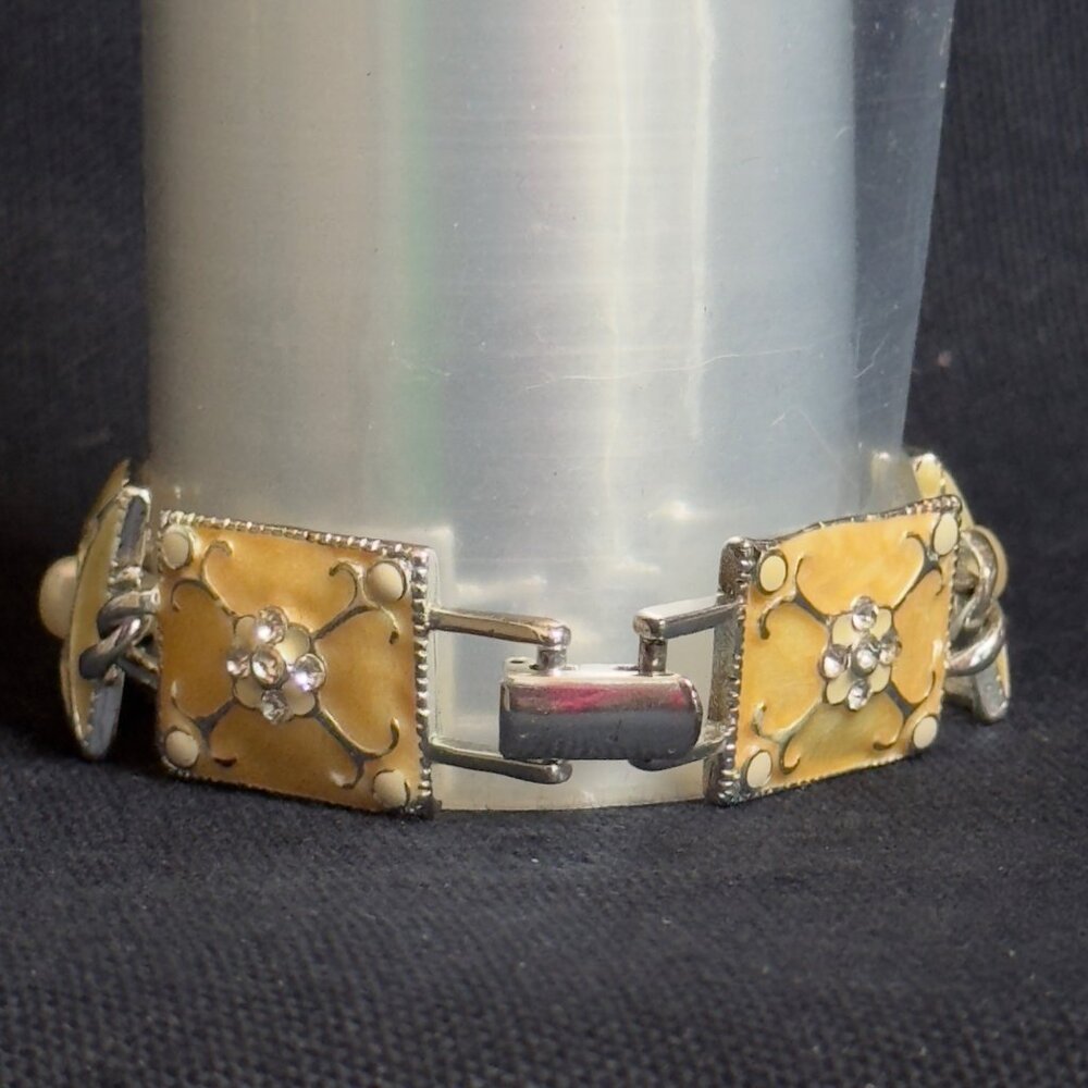 Vintage LIZ CLAIBORNE Beige & Silvertone Link Bracelet Floral Design  Rhinestone